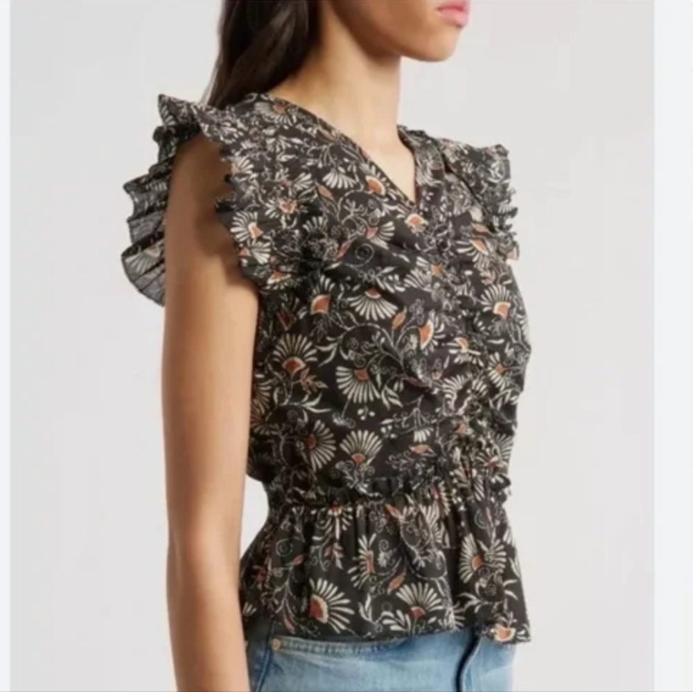 Rails Cali Floral Print Peplum Top Size Medium Black Brown Neutrals